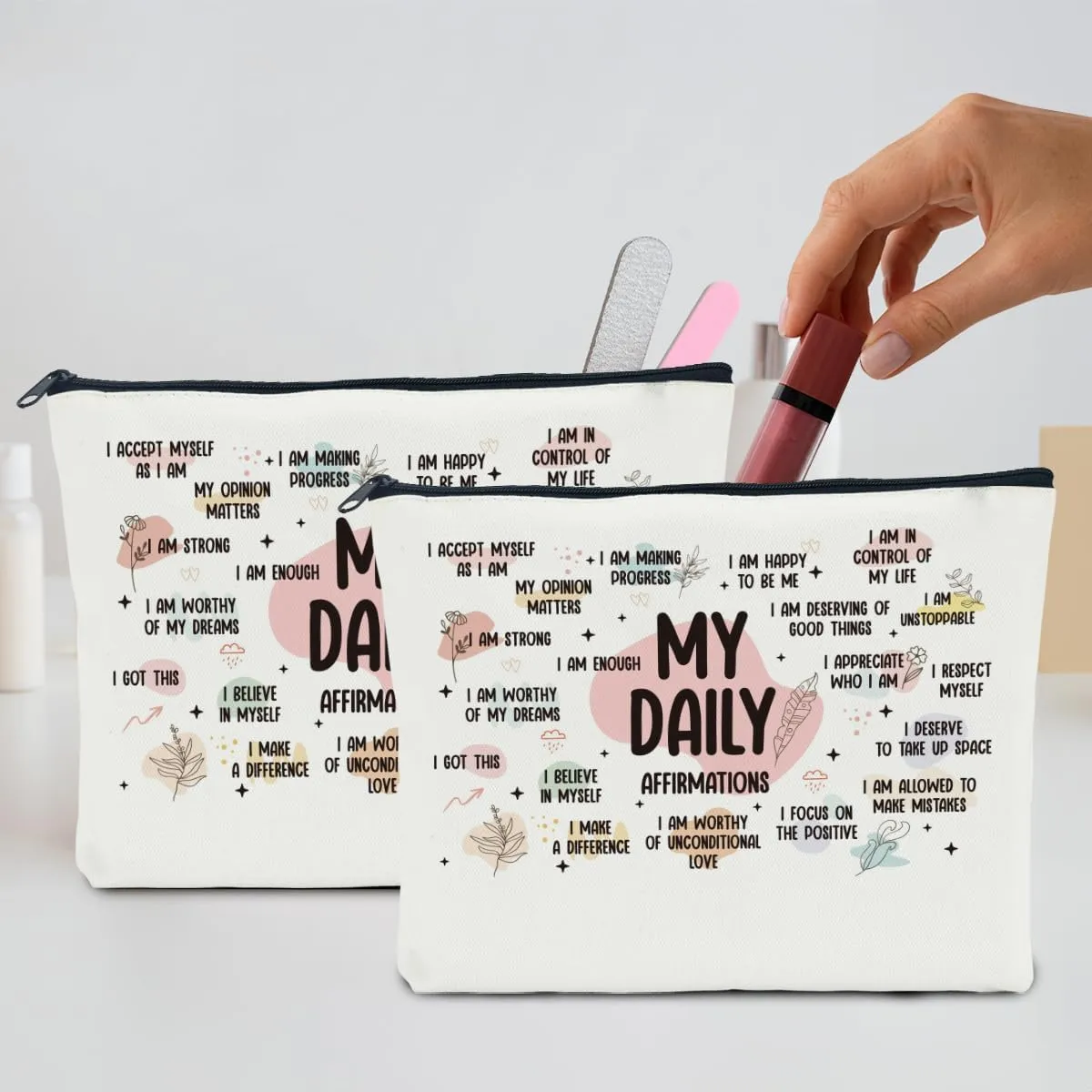 2 PCS Inspirational Gifts for Women Positive Affirmations Makeup Bag Motivational Gifts Encouragement Gifts for Women Female Sister Friend Coworker Christmas Cosmetic Bag Travel Toiletry Bag
