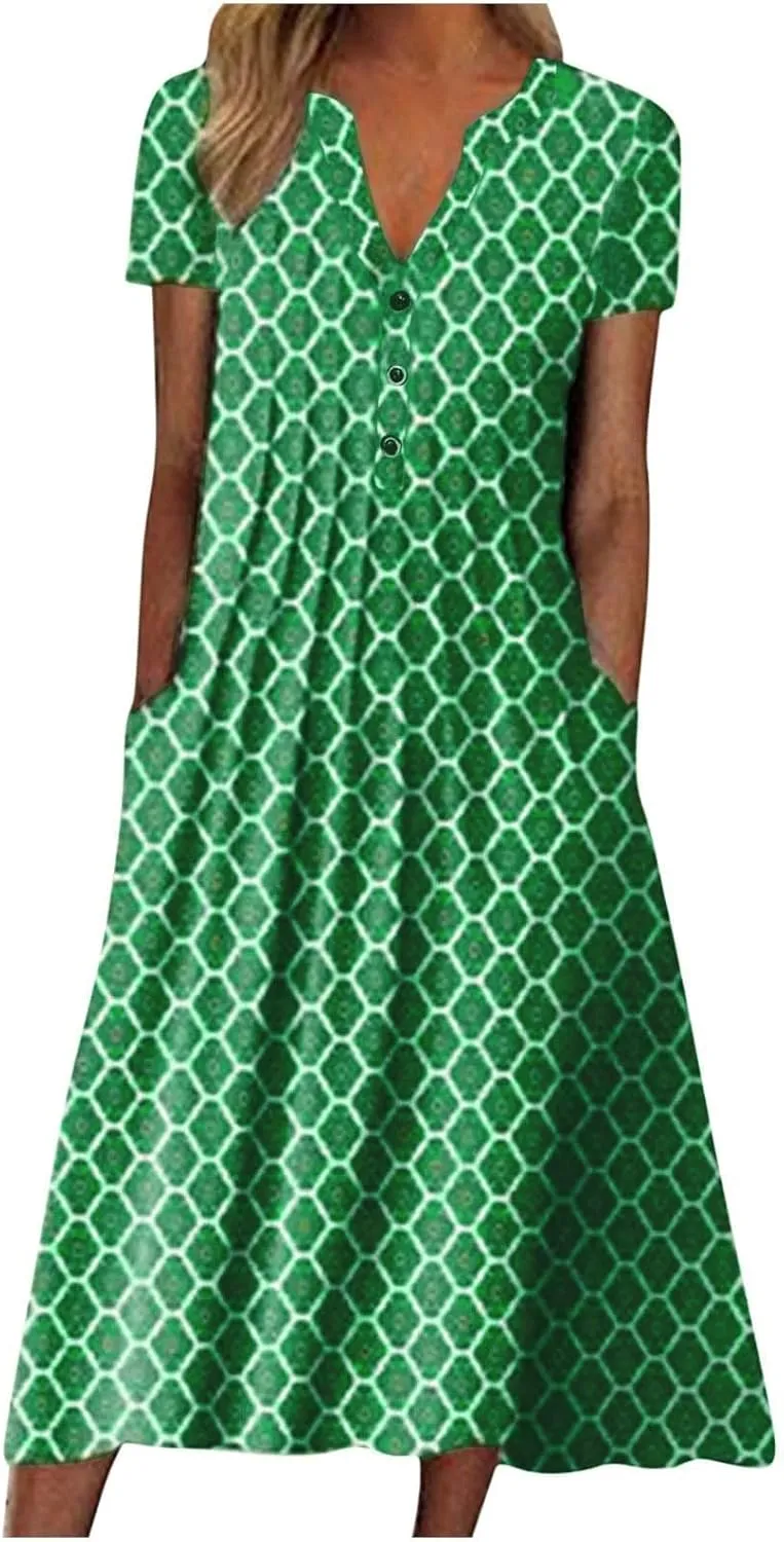 2023 Summer Dresses for Women Casual Stripe Button V Neck Sleeveless Pocket Long Holiday Dress Floral Beach Dress