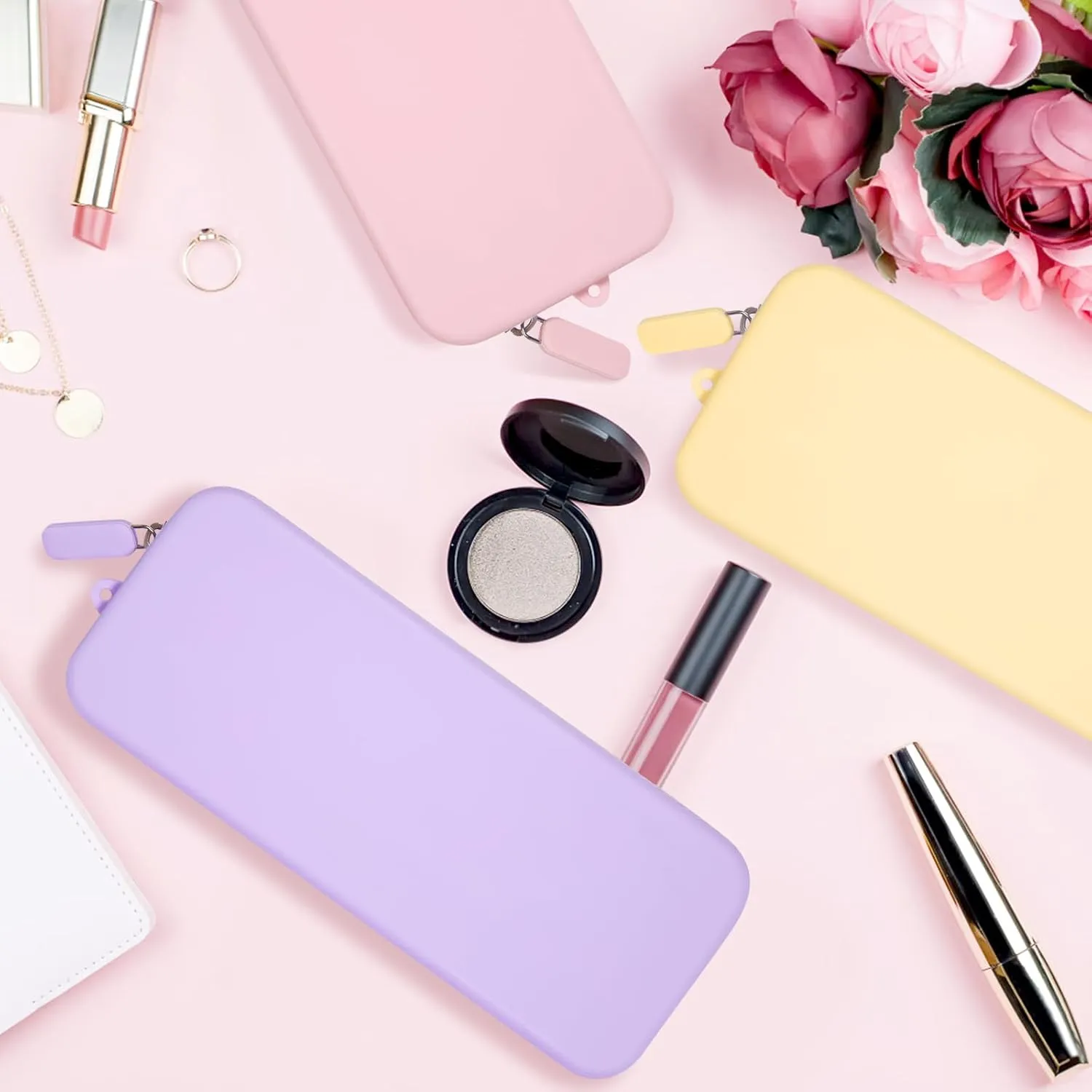 2PCS Travel Makeup Brush Bag,Stylish Silicone Brush Holder,Makeup Tools to Protect Make up Accessories Cosmetics Bag,Easy to Clean Washable Cosmetic Pouch Case (Yellow Pink)