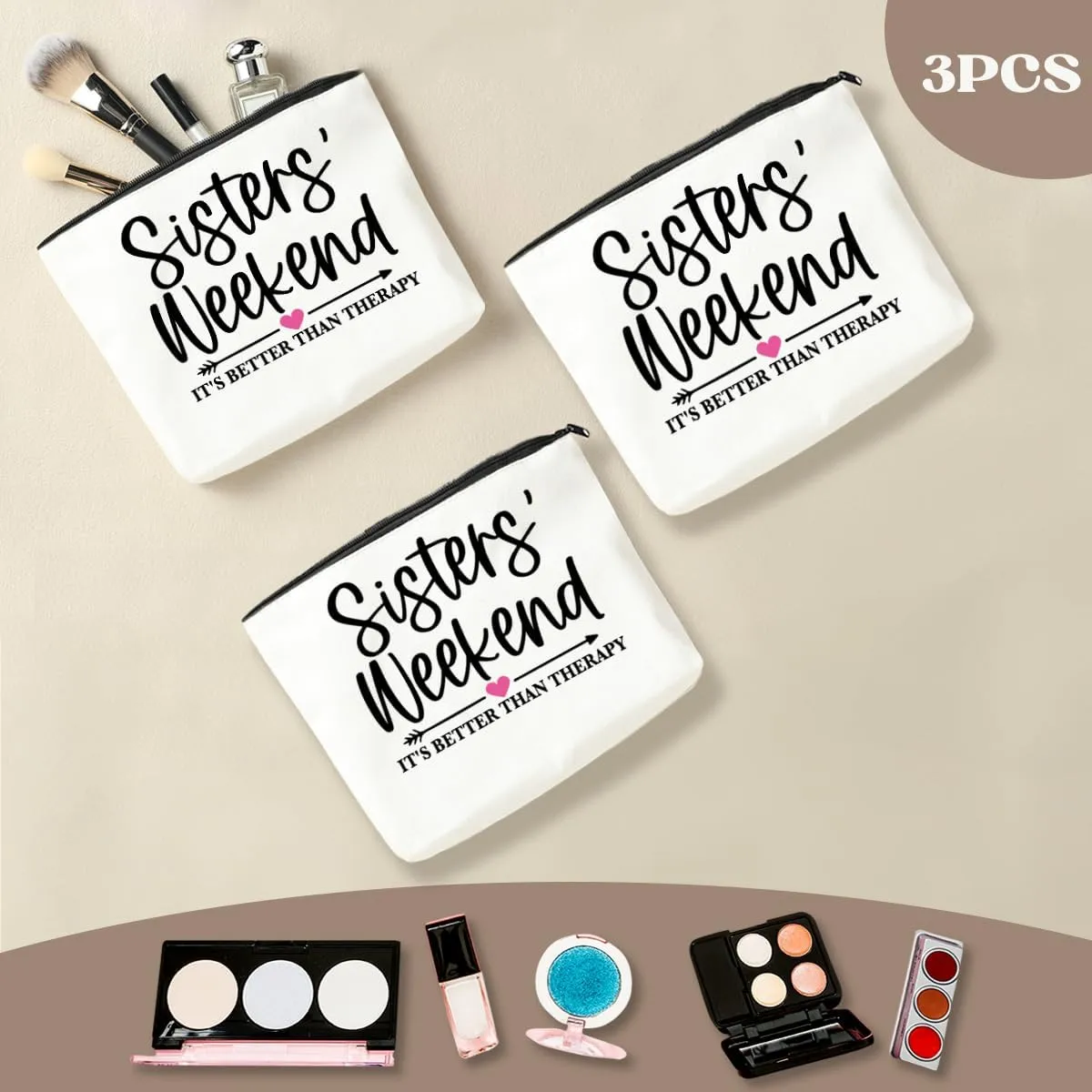 3 PCS Sister Gifts Makeup Bag for Girls Trip, Weekend, Vacation, Bachelorette Party - Cosmetic Bags for Women, Besties, Friends - Christmas Favors