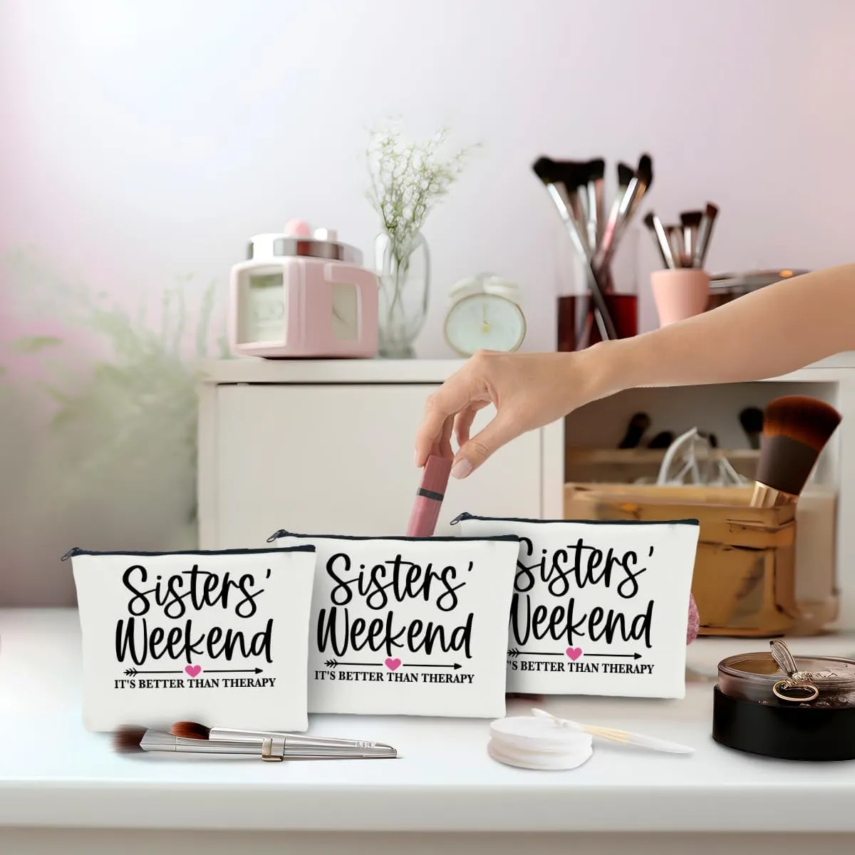 3 PCS Sister Gifts Makeup Bag for Girls Trip, Weekend, Vacation, Bachelorette Party - Cosmetic Bags for Women, Besties, Friends - Christmas Favors