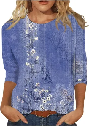 3/4 Length Sleeve Womens Tops 2025 Summer Round Neck Shirts Three Quarter Sleeve Tshirts