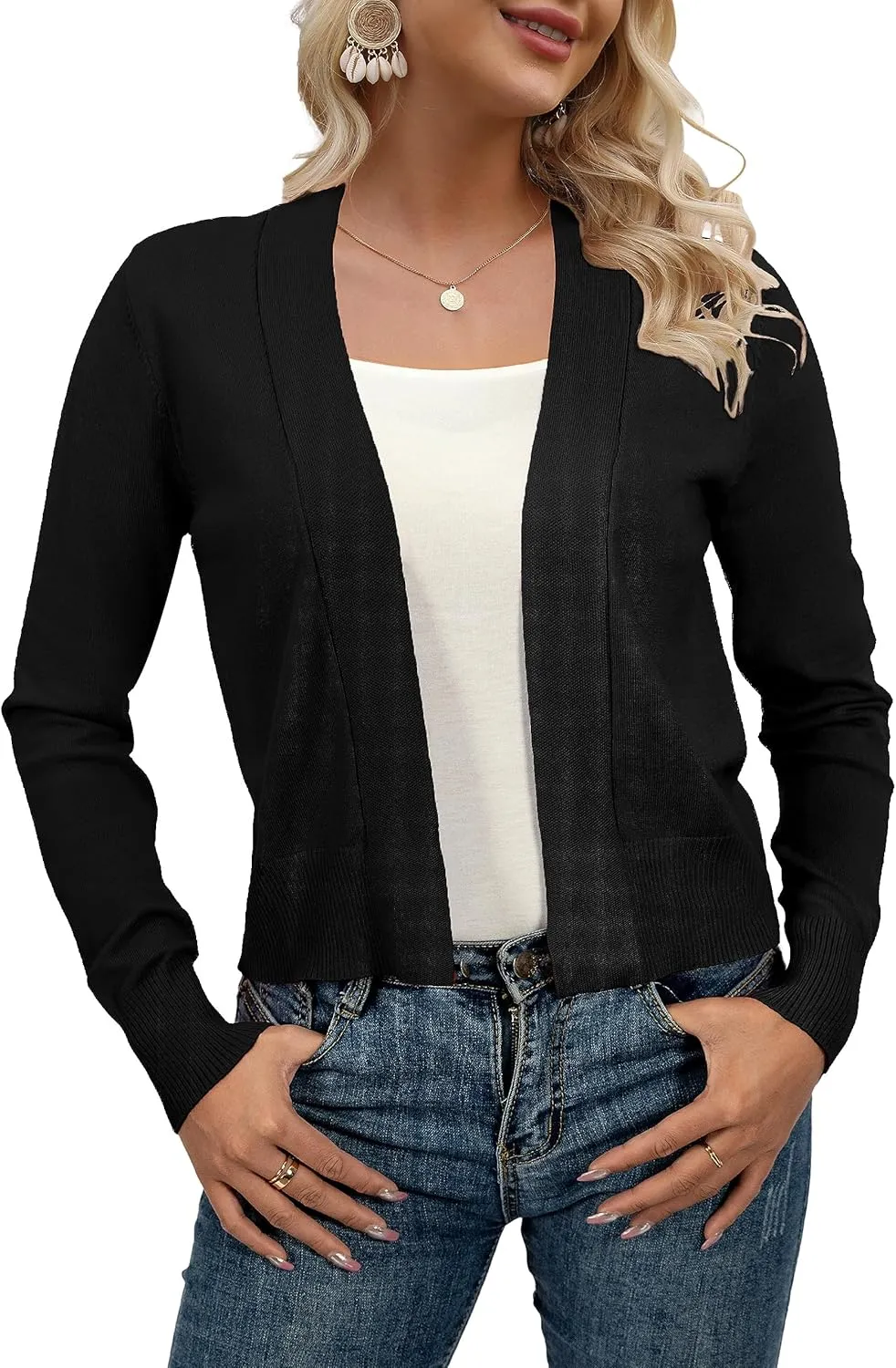 AAMILIFE Women Long Sleeve Cropped Knit Sweater Cardigans Open Front Bolero Shrug