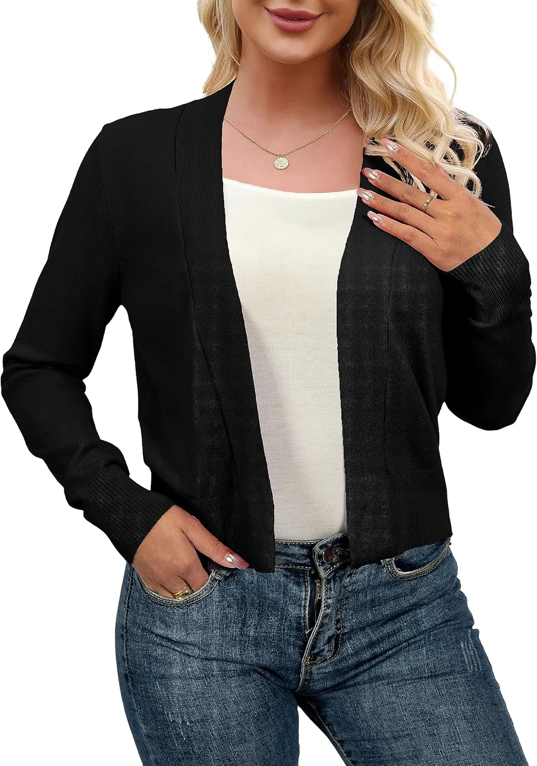AAMILIFE Women Long Sleeve Cropped Knit Sweater Cardigans Open Front Bolero Shrug