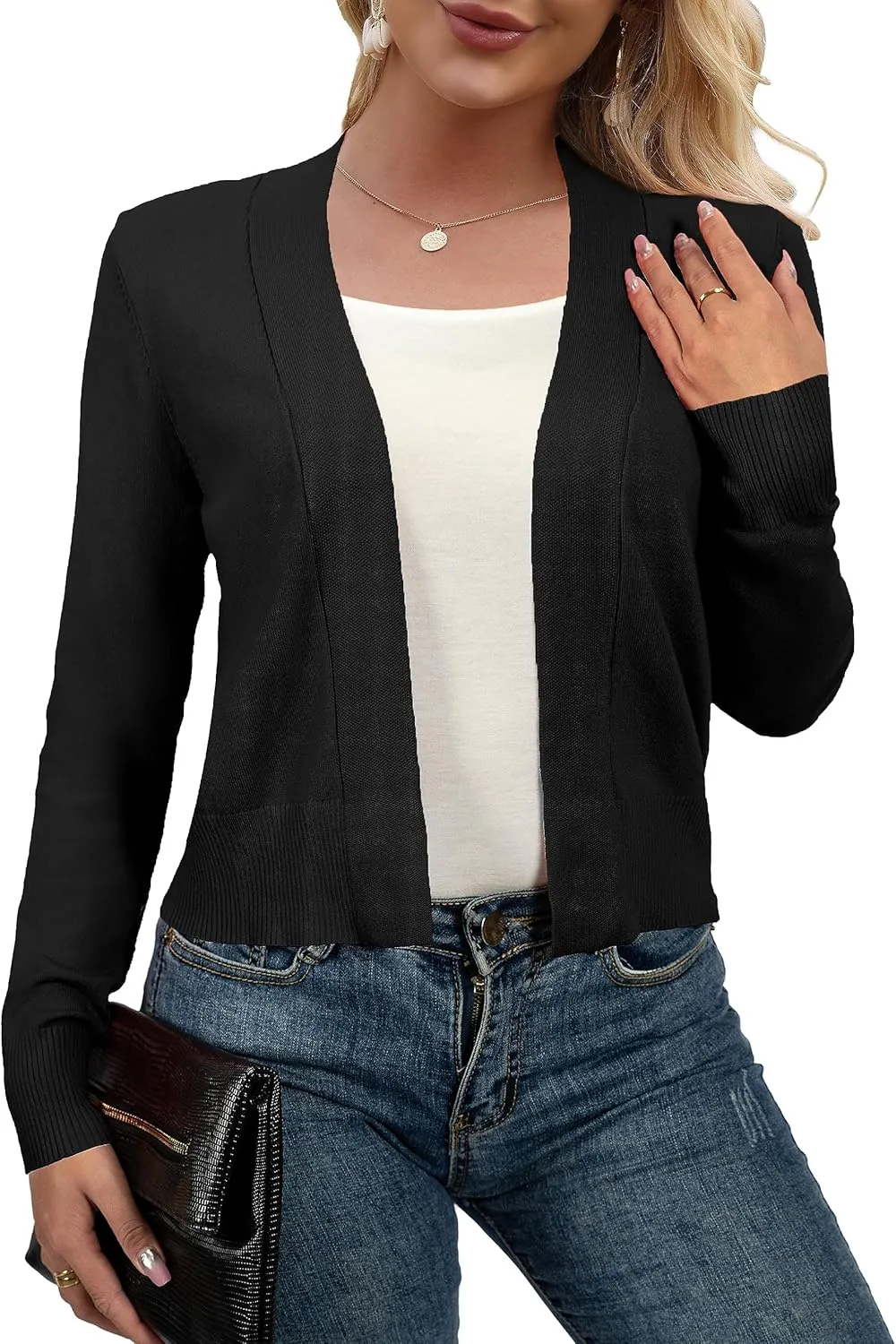 AAMILIFE Women Long Sleeve Cropped Knit Sweater Cardigans Open Front Bolero Shrug