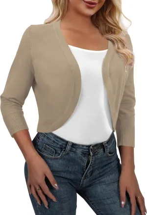 AAMILIFE Women's 3/4 Sleeve Cropped Cardigans Sweater Open Front Short Shrugs