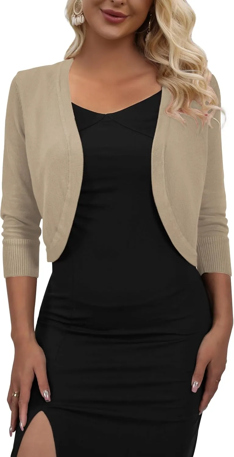 AAMILIFE Women's 3/4 Sleeve Cropped Cardigans Sweater Open Front Short Shrugs