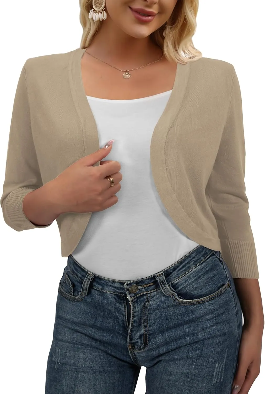 AAMILIFE Women's 3/4 Sleeve Cropped Cardigans Sweater Open Front Short Shrugs