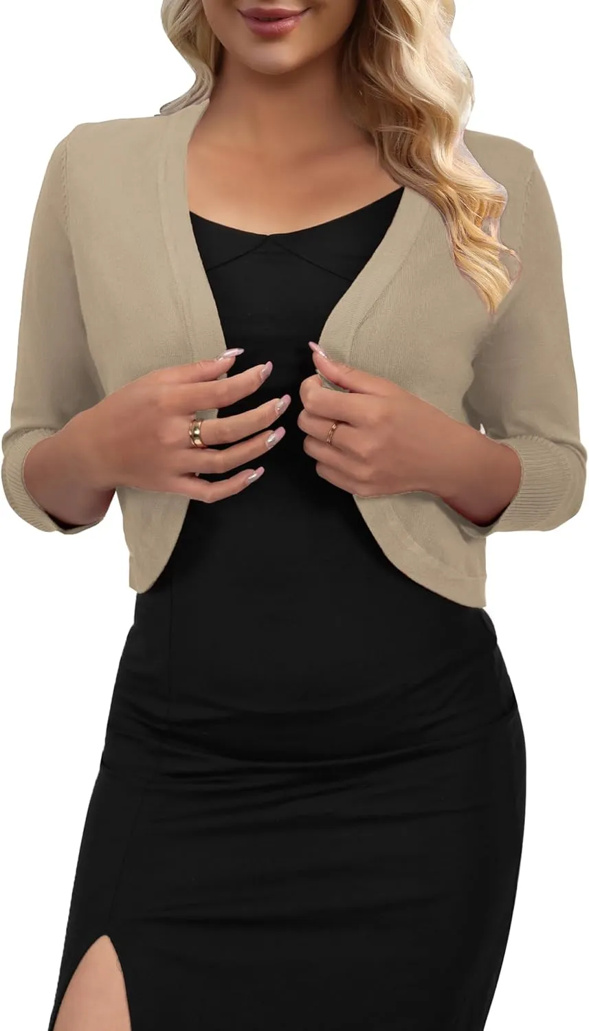 AAMILIFE Women's 3/4 Sleeve Cropped Cardigans Sweater Open Front Short Shrugs