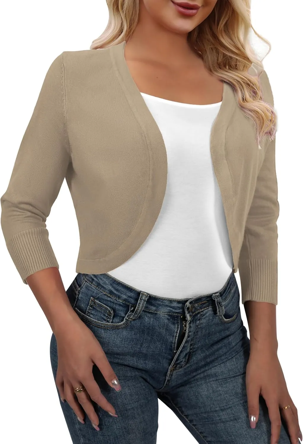 AAMILIFE Women's 3/4 Sleeve Cropped Cardigans Sweater Open Front Short Shrugs