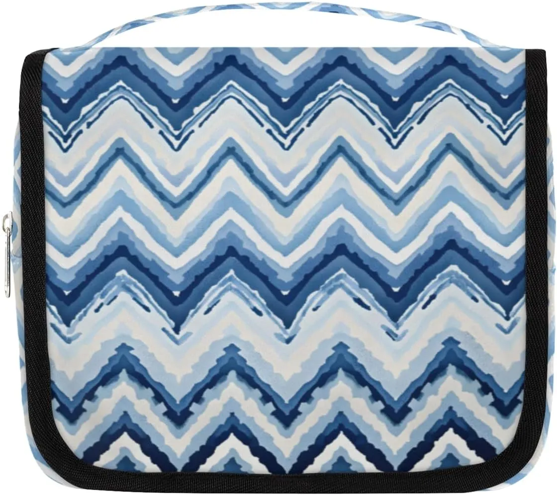 Abstract Blue Hanging Travel Toiletry Bag Kit Makeup Case Cosmetics Organizer Wavy Pattern Toiletry Bag for Women Make up Accessories Shampoo Body Cream Brushes Set