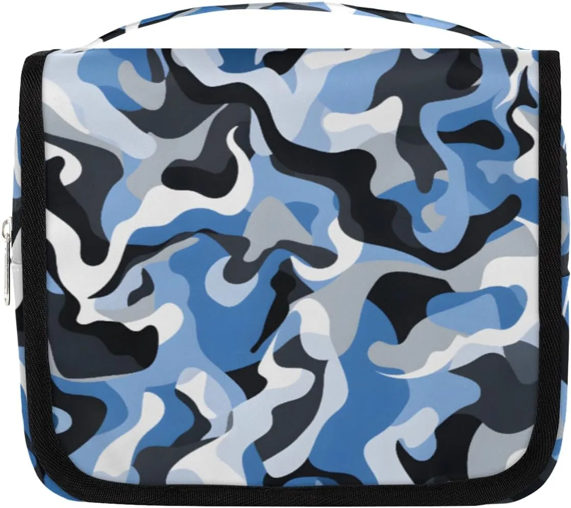 Abstract Camo Skin Hanging Travel Toiletry Bag Kit Makeup Case Cosmetics Organizer Blue White Camouflage Toiletry Bag for Women Make up Accessories Shampoo Body Cream Brushes Set