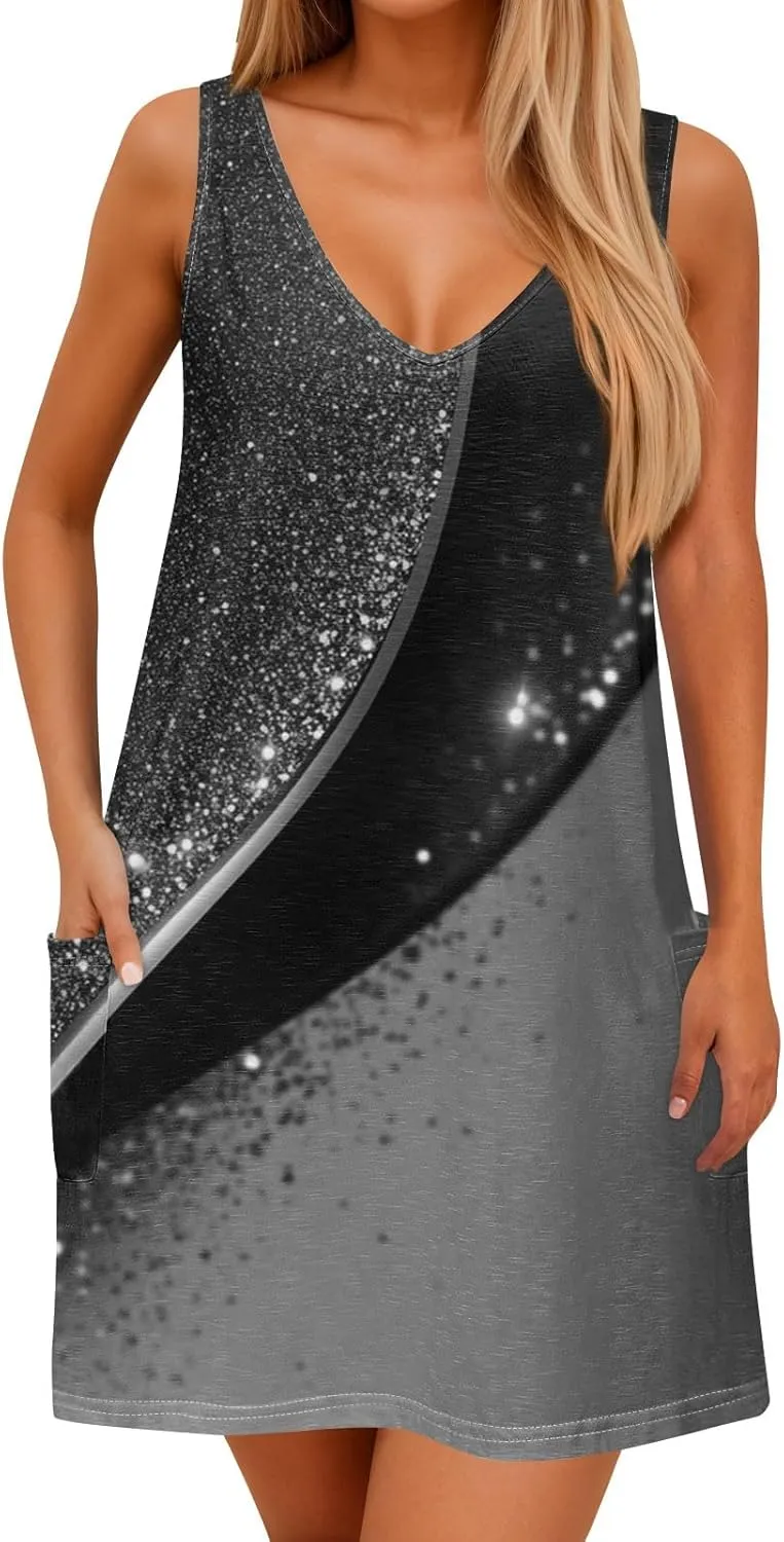 ADHOWBEW Beach Dresses for Women 2025 V Neck Tropical Elegant Casual Sleeveless Sexy Plus Size Flowy Dress
