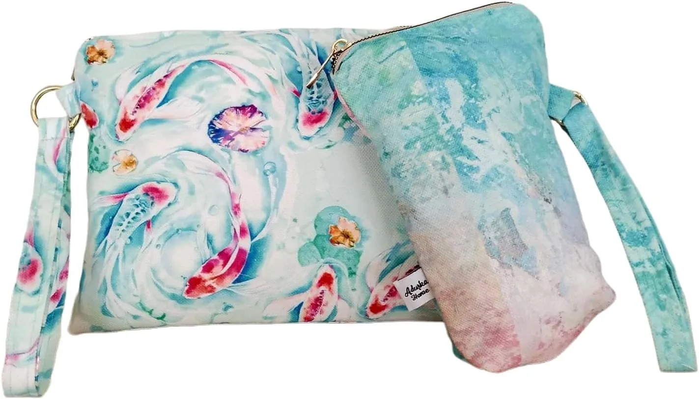 ADUSKA HOME Double Set, Packable, and Splash-Proof Makeup Pouch, Easy to Clean, Waterproof lining, Koi, Clutch bag, Beach Bag, Travel Organizers, Handbags & Wallets,Evening Bags, Luggage, Wet Bag,