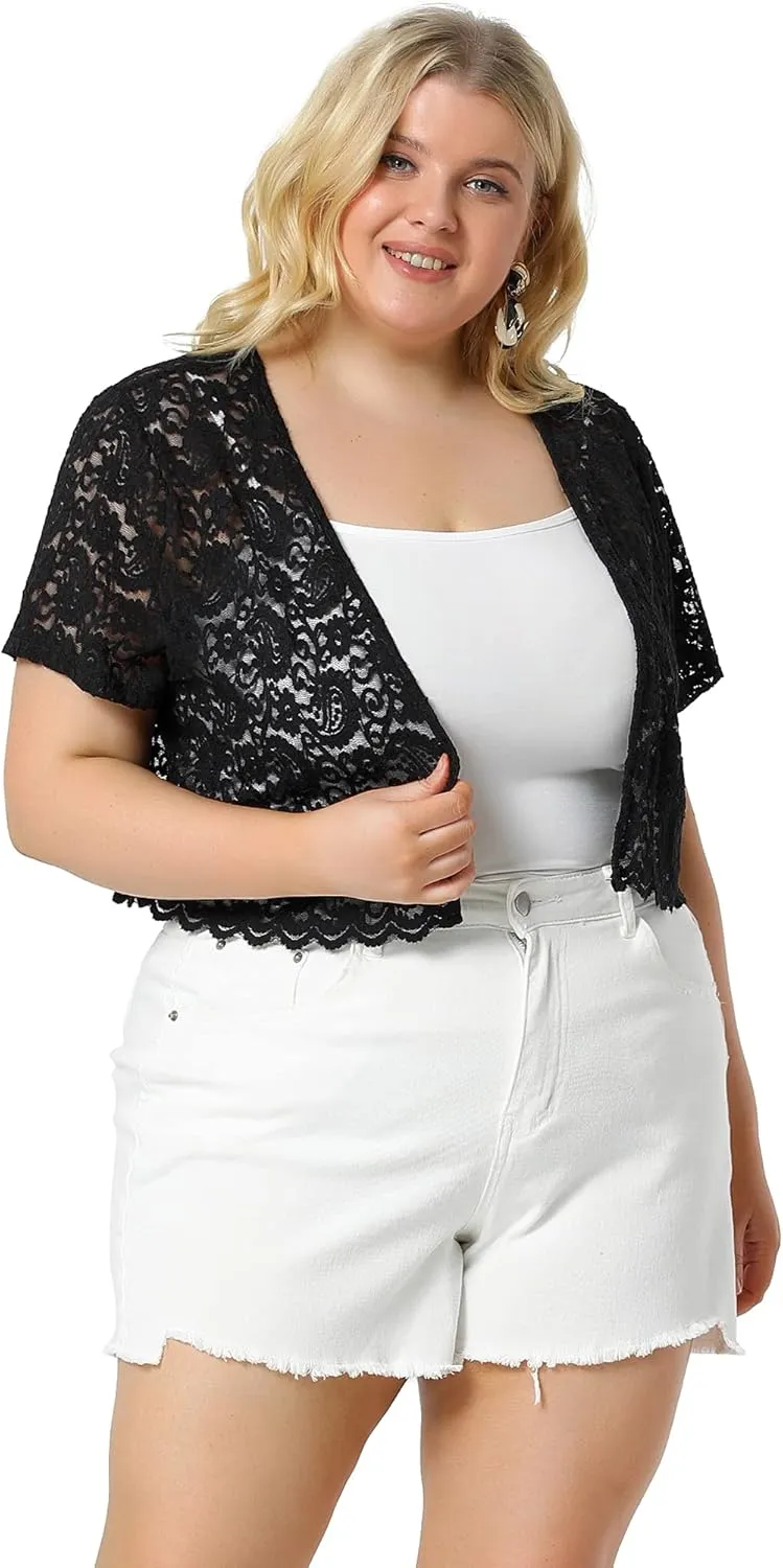 Agnes Orinda Plus Size Bolero Shrugs for Women Open Front Short Sleeve Crochet Lace Cropped Cardigans
