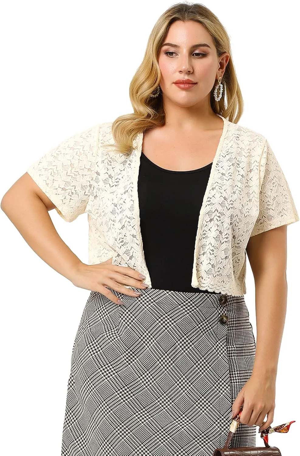 Agnes Orinda Plus Size Bolero Shrugs for Women Open Front Short Sleeve Crochet Lace Cropped Cardigans