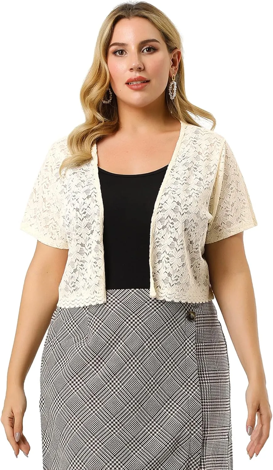 Agnes Orinda Plus Size Bolero Shrugs for Women Open Front Short Sleeve Crochet Lace Cropped Cardigans
