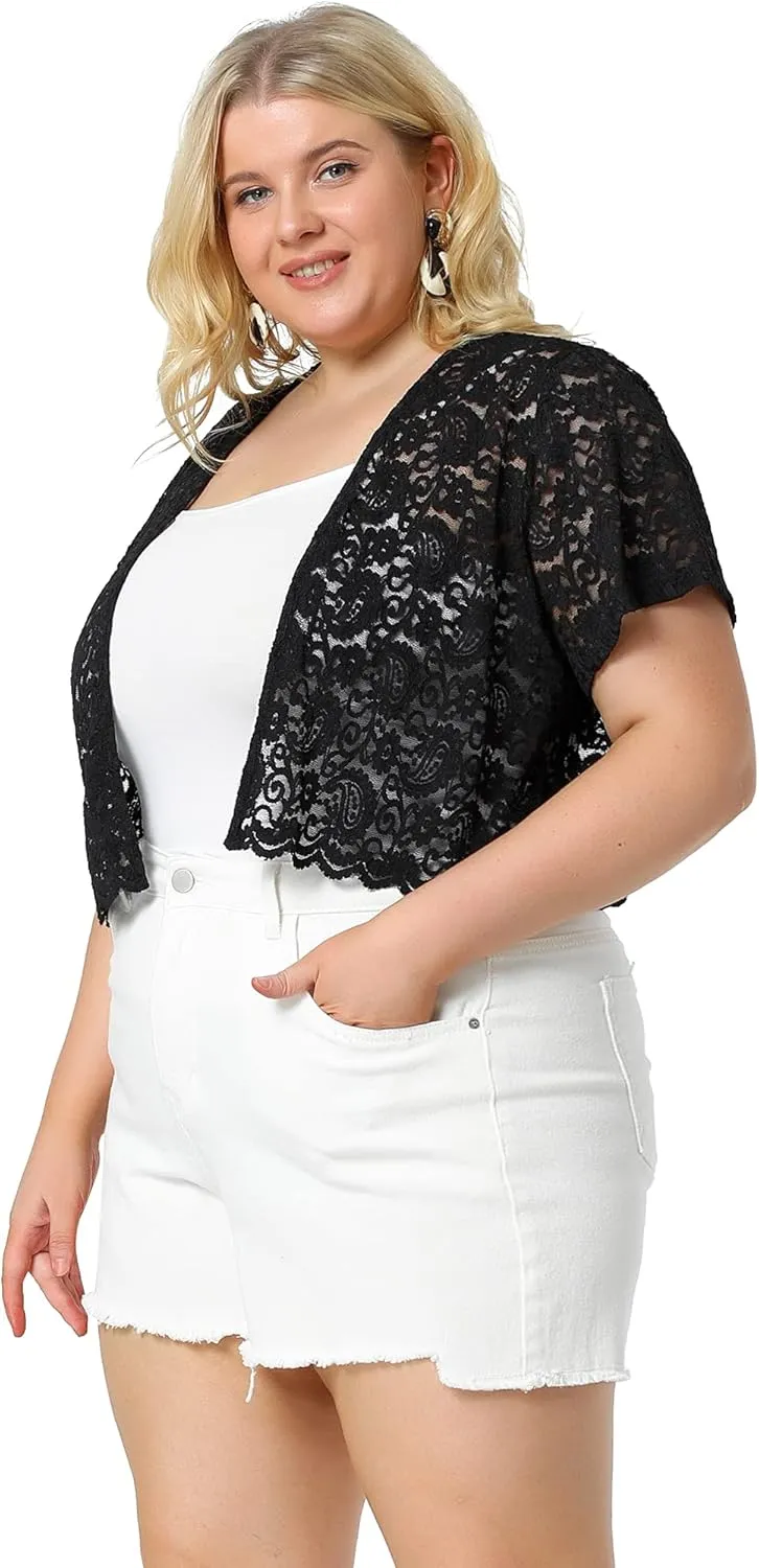 Agnes Orinda Plus Size Bolero Shrugs for Women Open Front Short Sleeve Crochet Lace Cropped Cardigans