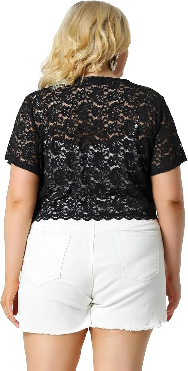 Agnes Orinda Plus Size Bolero Shrugs for Women Open Front Short Sleeve Crochet Lace Cropped Cardigans