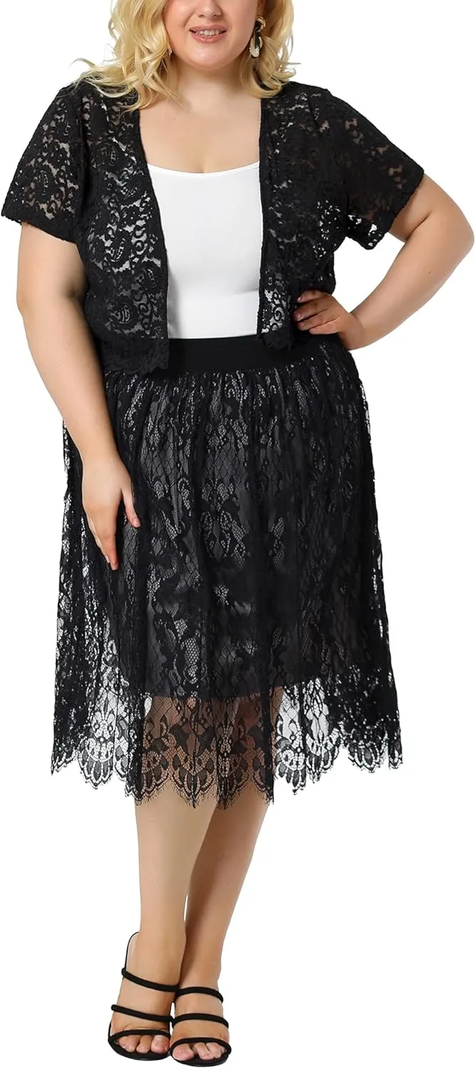 Agnes Orinda Plus Size Bolero Shrugs for Women Open Front Short Sleeve Crochet Lace Cropped Cardigans