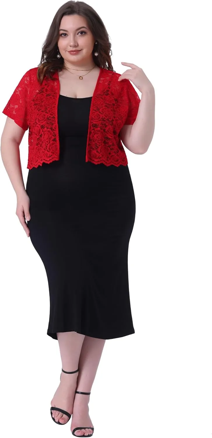 Agnes Orinda Plus Size Bolero Shrugs for Women Open Front Short Sleeve Crochet Lace Cropped Cardigans
