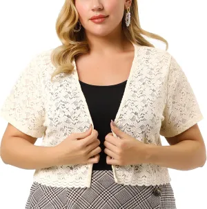 Agnes Orinda Plus Size Bolero Shrugs for Women Open Front Short Sleeve Crochet Lace Cropped Cardigans