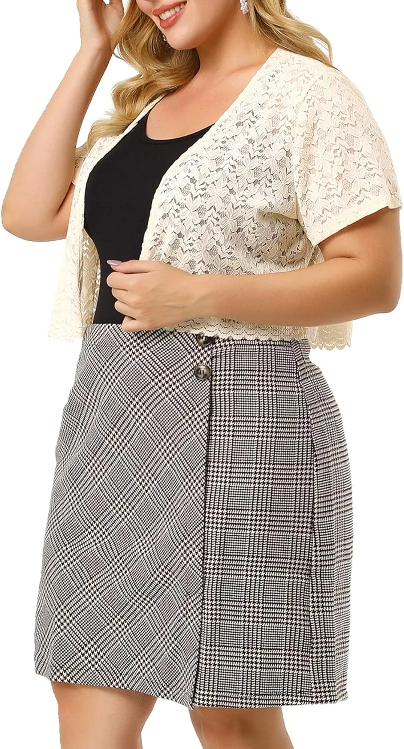 Agnes Orinda Plus Size Bolero Shrugs for Women Open Front Short Sleeve Crochet Lace Cropped Cardigans
