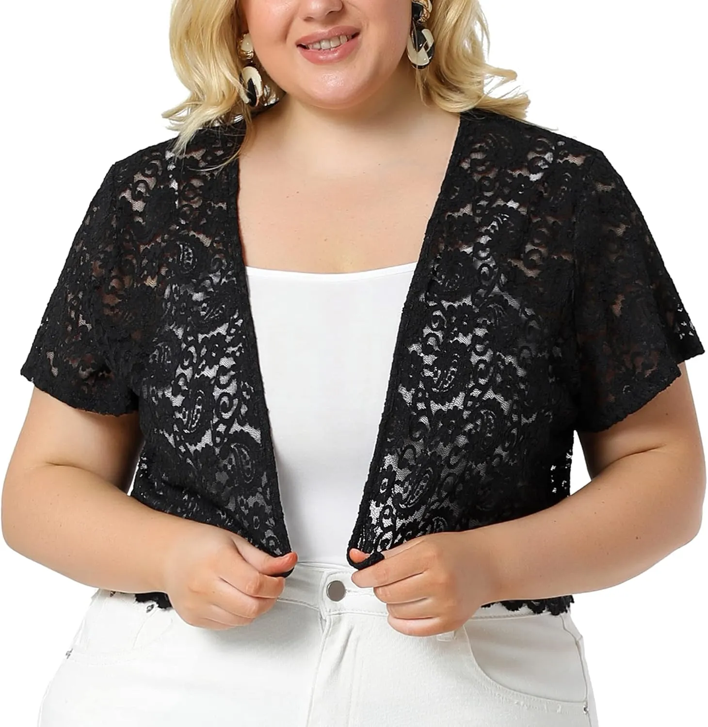 Agnes Orinda Plus Size Bolero Shrugs for Women Open Front Short Sleeve Crochet Lace Cropped Cardigans