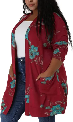 Agnes Orinda Women's Plus Size Lightweight Cardigan Casual Soft Long Sleeve Floral Knit Cardigans with Pockets