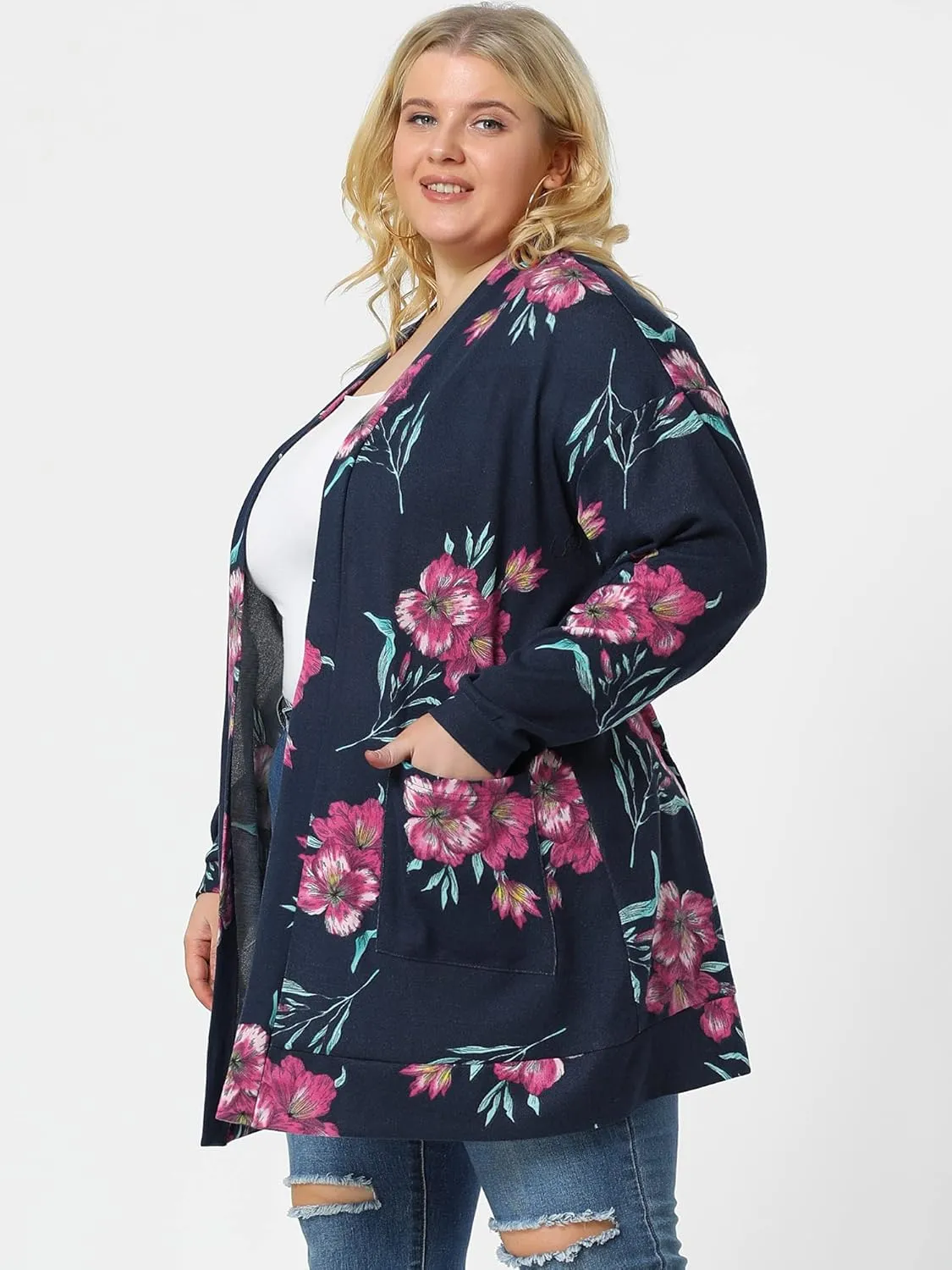 Agnes Orinda Women's Plus Size Lightweight Cardigan Casual Soft Long Sleeve Floral Knit Cardigans with Pockets