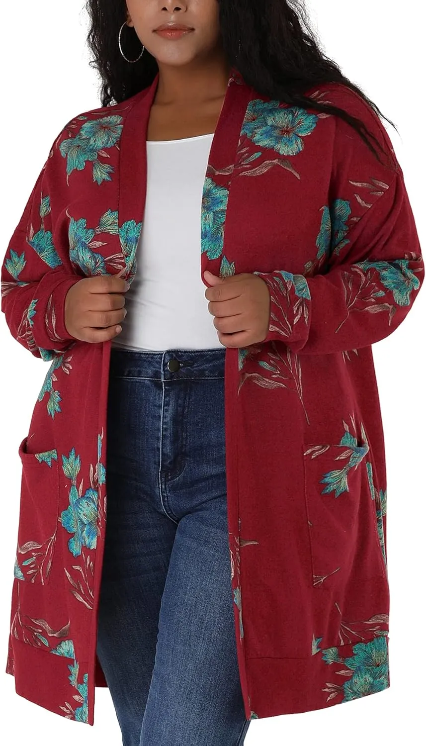 Agnes Orinda Women's Plus Size Lightweight Cardigan Casual Soft Long Sleeve Floral Knit Cardigans with Pockets