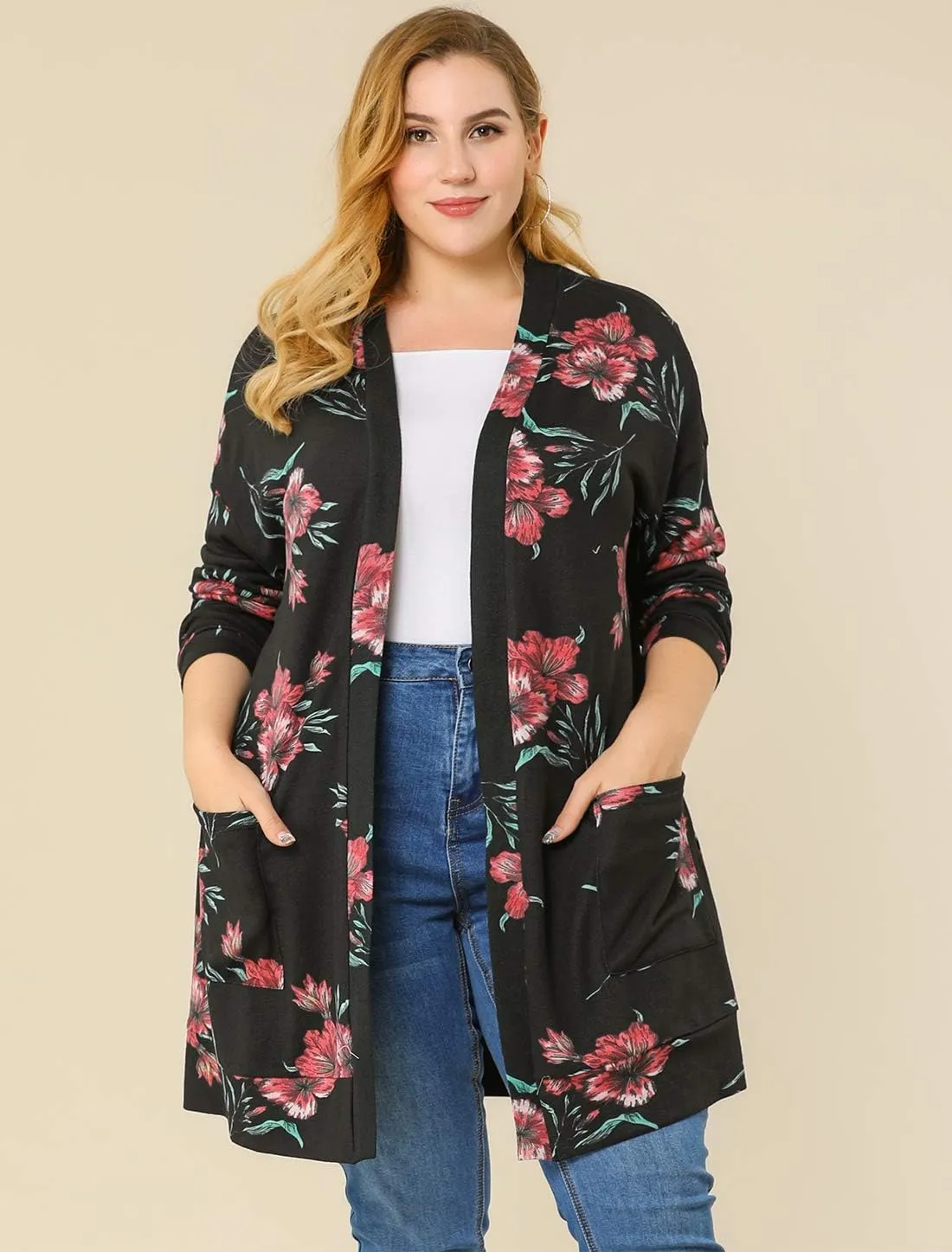 Agnes Orinda Women's Plus Size Lightweight Cardigan Casual Soft Long Sleeve Floral Knit Cardigans with Pockets