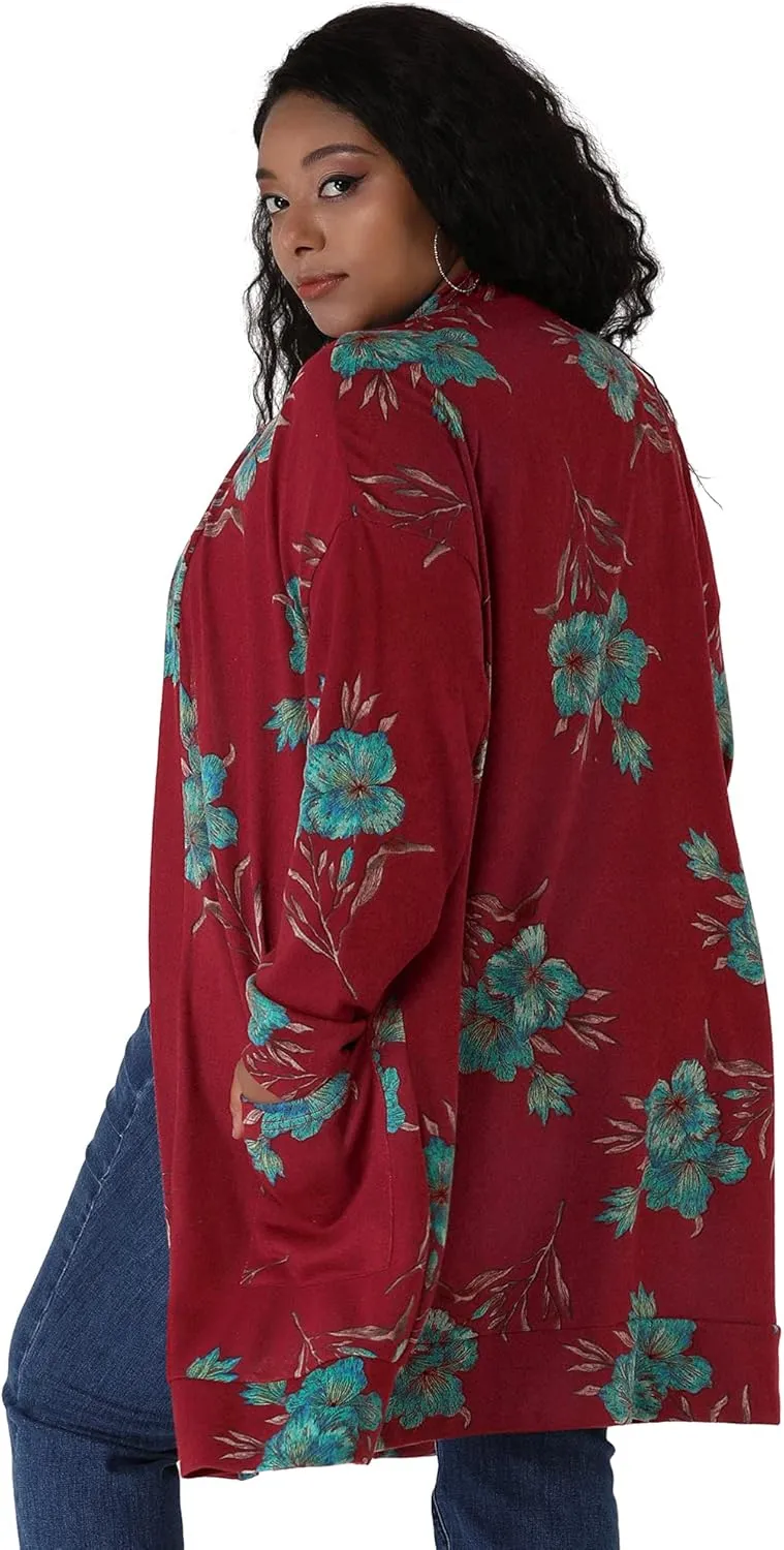 Agnes Orinda Women's Plus Size Lightweight Cardigan Casual Soft Long Sleeve Floral Knit Cardigans with Pockets