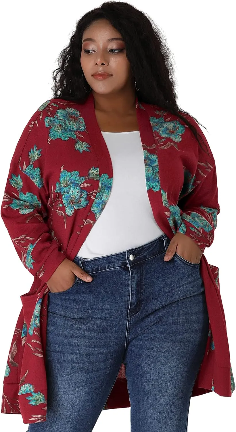 Agnes Orinda Women's Plus Size Lightweight Cardigan Casual Soft Long Sleeve Floral Knit Cardigans with Pockets