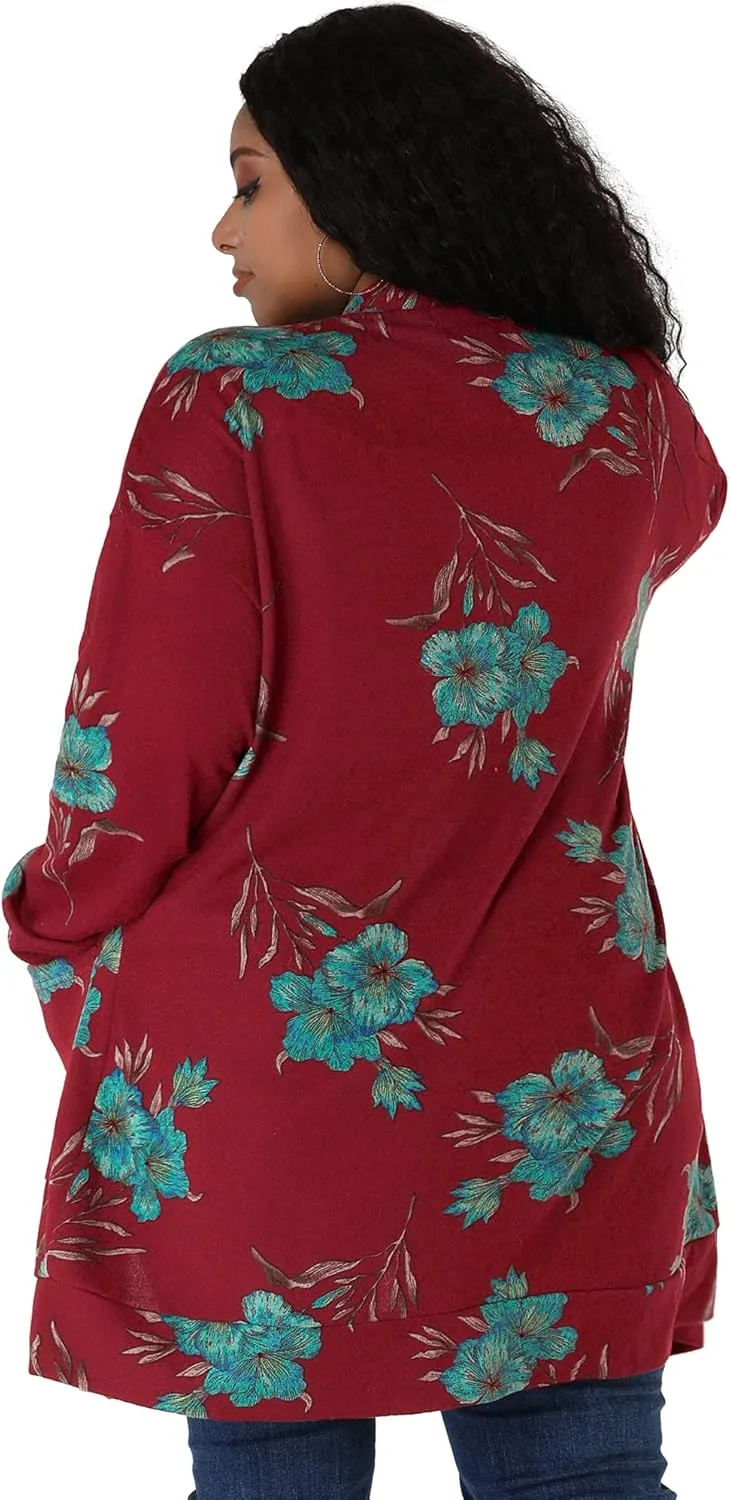 Agnes Orinda Women's Plus Size Lightweight Cardigan Casual Soft Long Sleeve Floral Knit Cardigans with Pockets