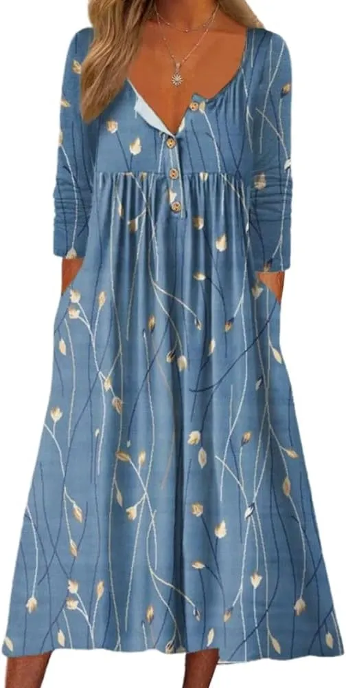 Akivide Women's Button Down V Neck Midi Tshirt Dress Plus Size Boho Summer 3/4 Sleeve Beach Dresses with Pockets 2024