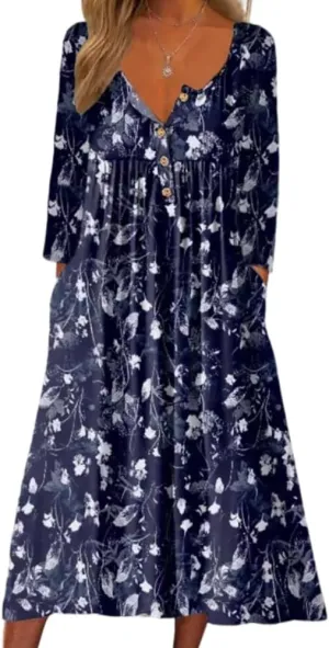 Akivide Women's Button Down V Neck Midi Tshirt Dress Plus Size Boho Summer 3/4 Sleeve Beach Dresses with Pockets 2024