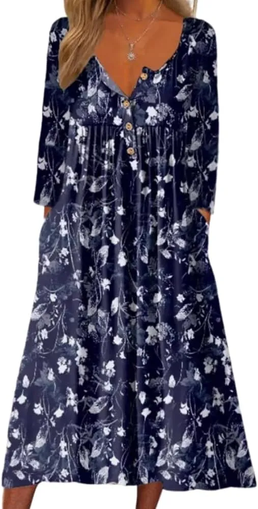 Akivide Women's Button Down V Neck Midi Tshirt Dress Plus Size Boho Summer 3/4 Sleeve Beach Dresses with Pockets 2024