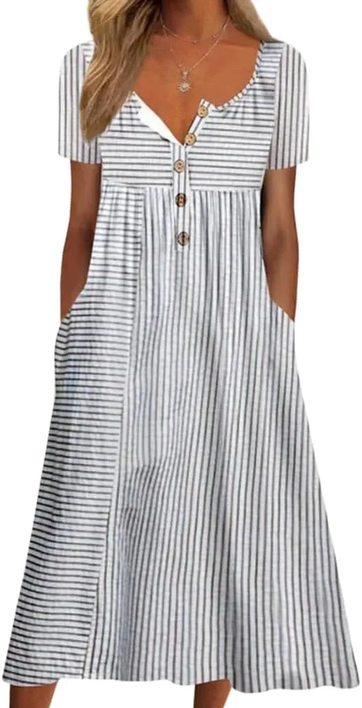 Akivide Women's Button Down V Neck Midi Tshirt Dress Plus Size Boho Summer Short Sleeve Beach Dresses with Pockets 2024