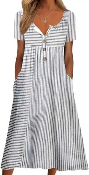 Akivide Women's Button Down V Neck Midi Tshirt Dress Plus Size Boho Summer Short Sleeve Beach Dresses with Pockets 2024