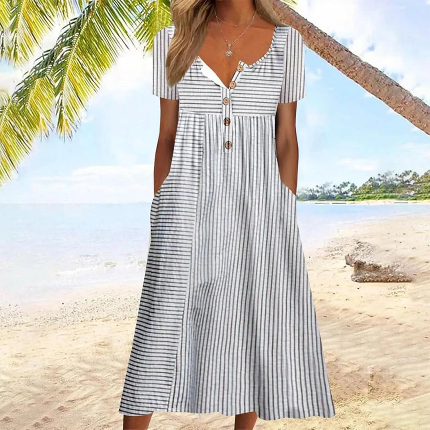 Akivide Women's Button Down V Neck Midi Tshirt Dress Plus Size Boho Summer Short Sleeve Beach Dresses with Pockets 2024