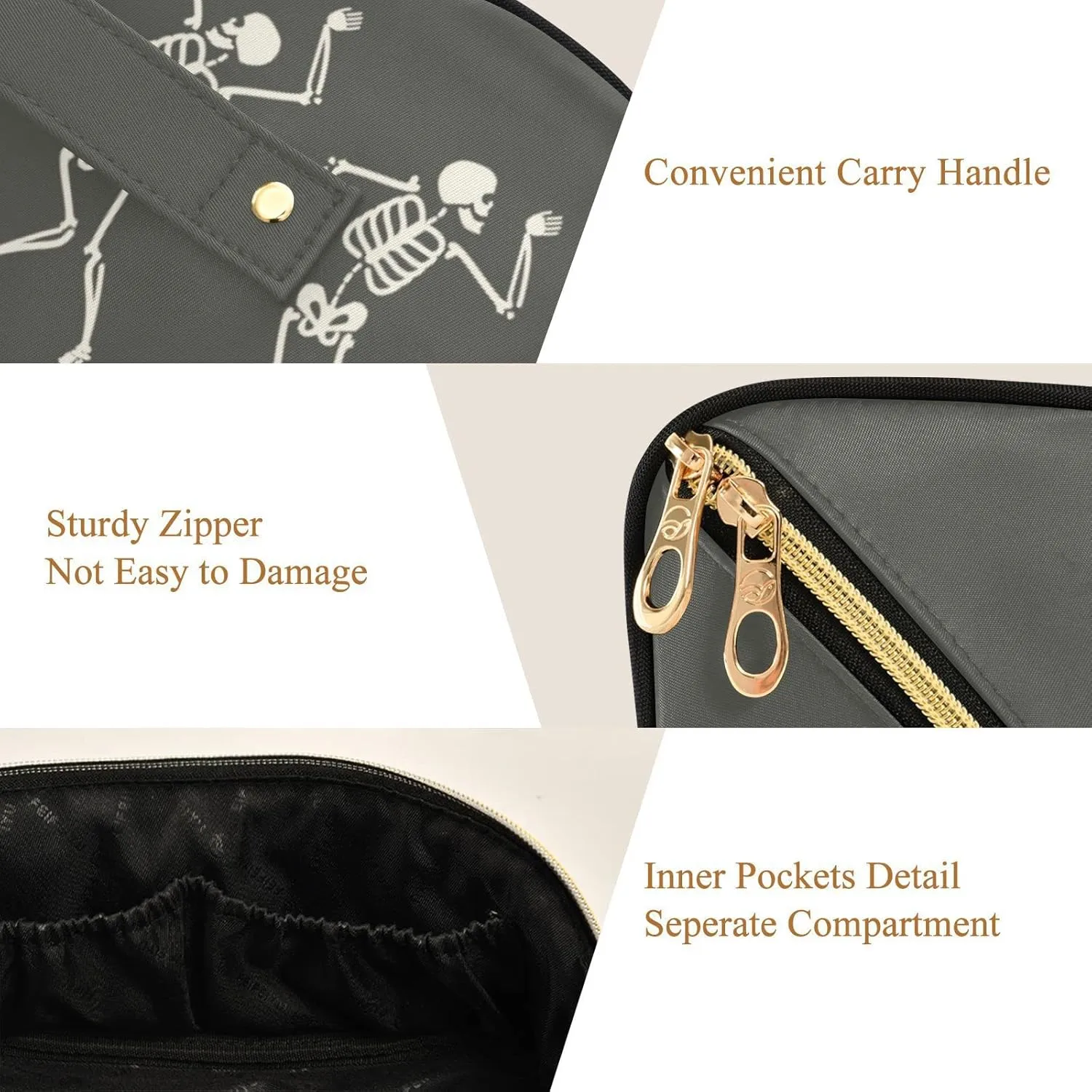ALAZA Funny Dancing Skeleton Makeup Bag Travel Cosmetic Bag Portable Zipper Cosmetic Pouch with Handle and Divider for Women Collage Dorm Business Trip