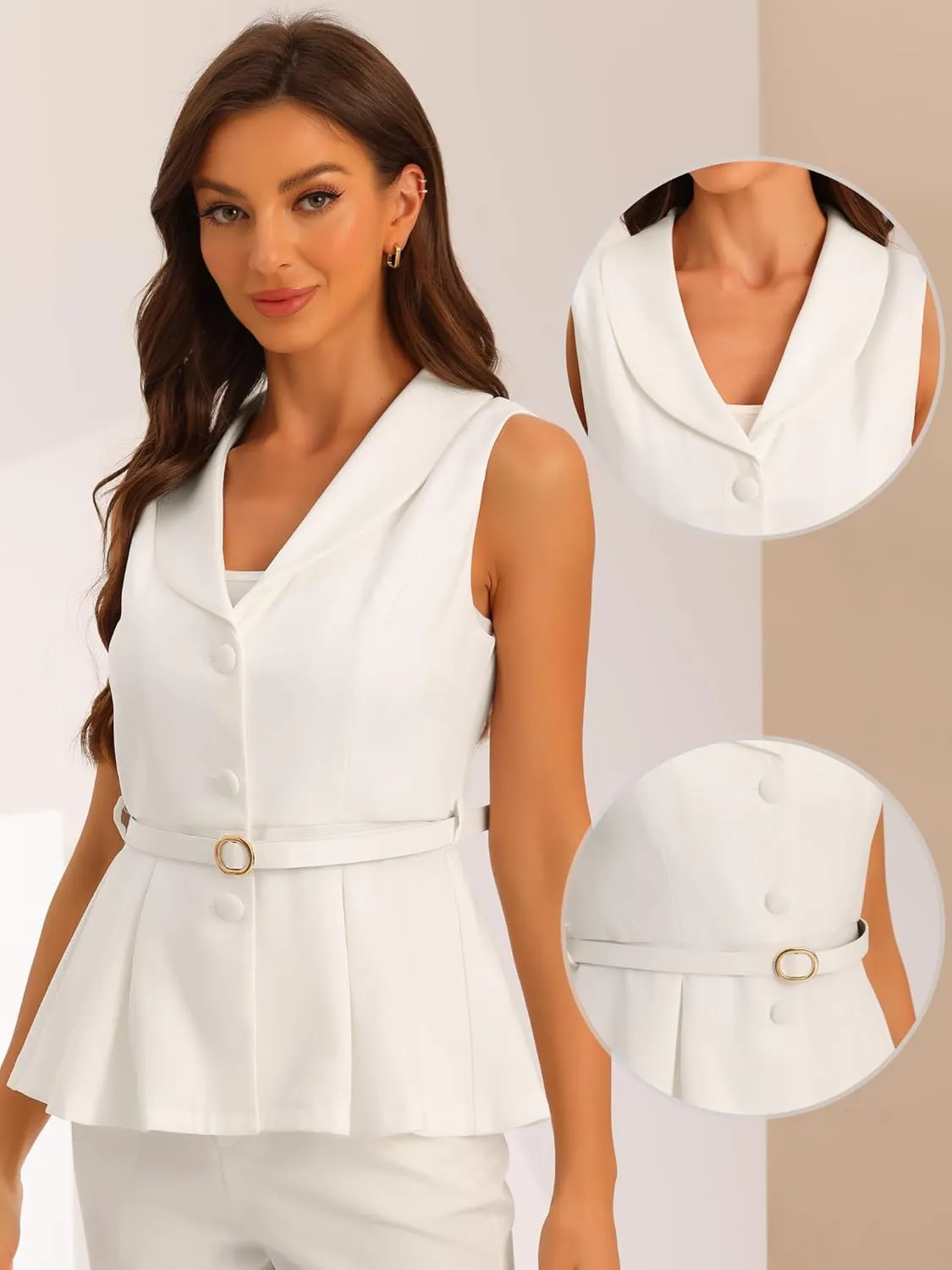 Allegra K Sleeveless Blazer for Women's Formal Dressy Casual Shawl Collar Belted Peplum Blazers