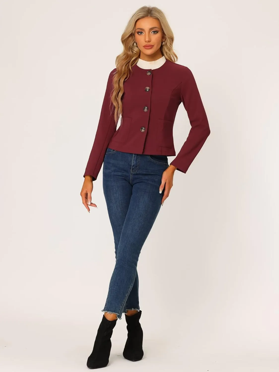 Allegra K Women's Blazers Casual Jackets Long Sleeve Button Down Cropped Blazer Work Office Business Jacket