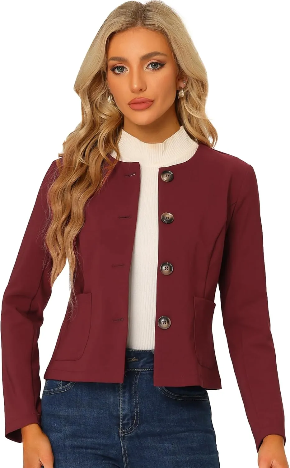 Allegra K Women's Blazers Casual Jackets Long Sleeve Button Down Cropped Blazer Work Office Business Jacket