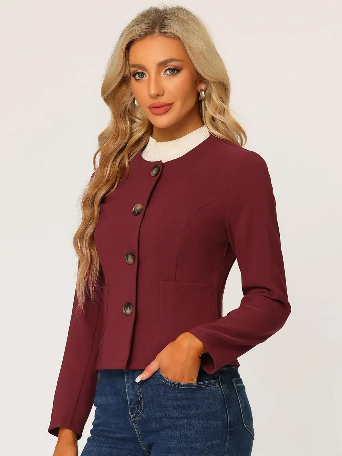 Allegra K Women's Blazers Casual Jackets Long Sleeve Button Down Cropped Blazer Work Office Business Jacket