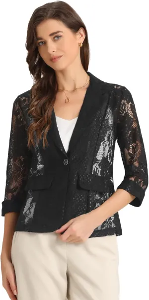 Allegra K Women's Bussiness Casual Blazers Floral Lace 3/4 Sleeve Single Button Elegant Blazer Suits