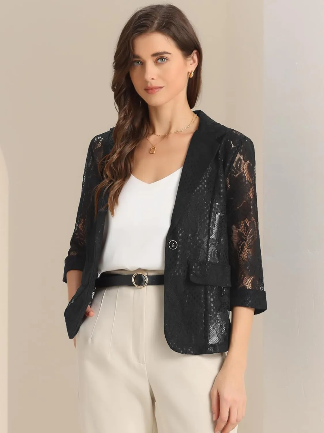 Allegra K Women's Bussiness Casual Blazers Floral Lace 3/4 Sleeve Single Button Elegant Blazer Suits