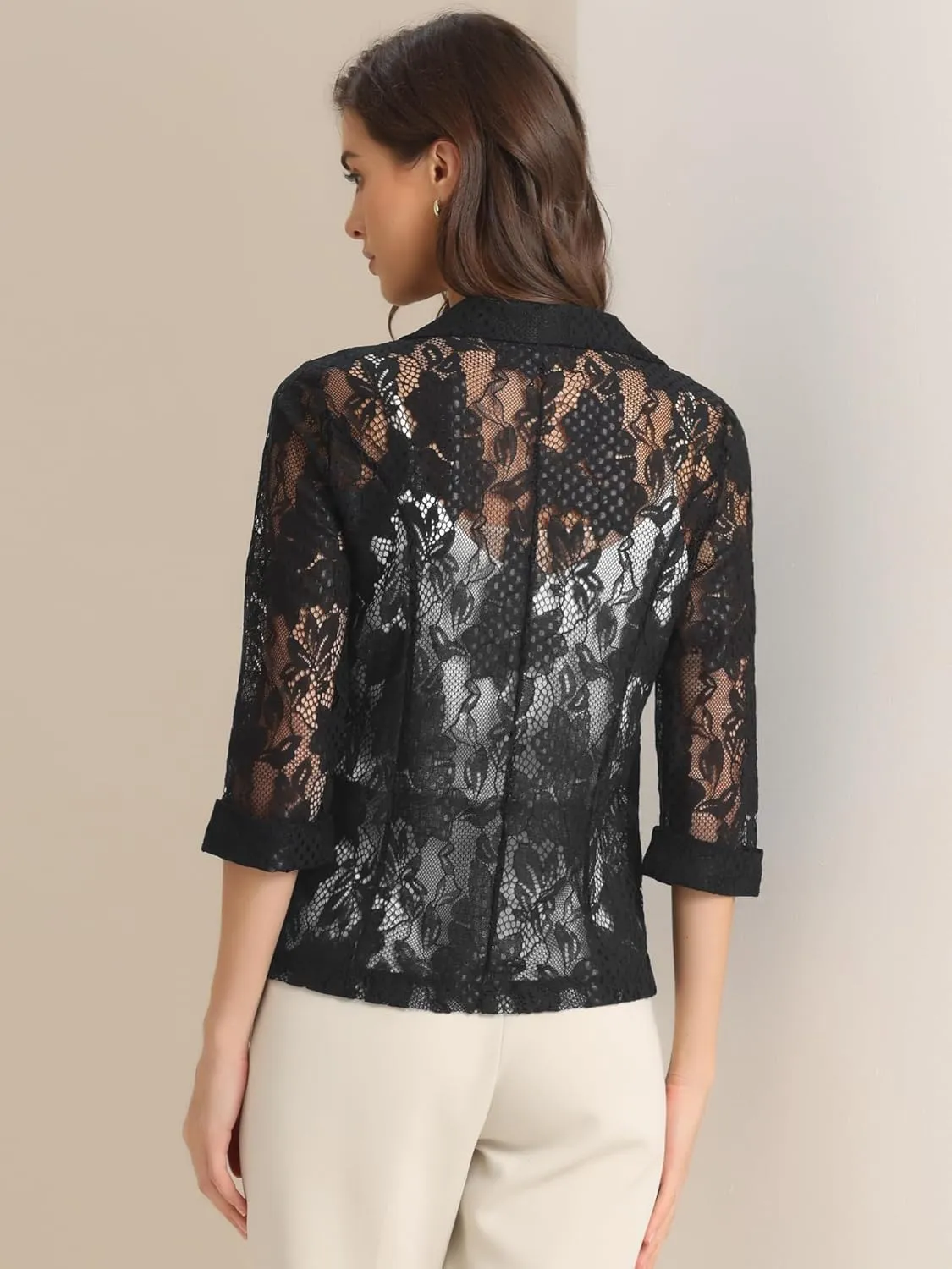 Allegra K Women's Bussiness Casual Blazers Floral Lace 3/4 Sleeve Single Button Elegant Blazer Suits