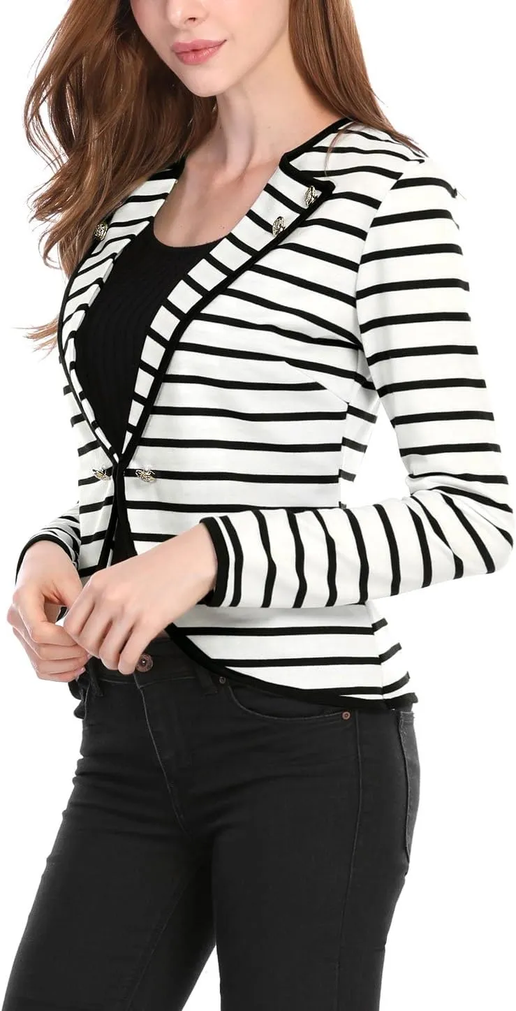 Allegra K Women's Notched Lapel Casual Work Office Striped Blazer